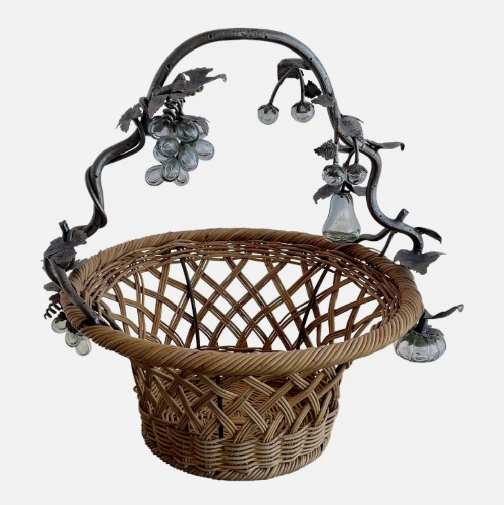 Vintage Ratan Wicker Basket With Cast Iron Handles & Lucite Glass Fruits